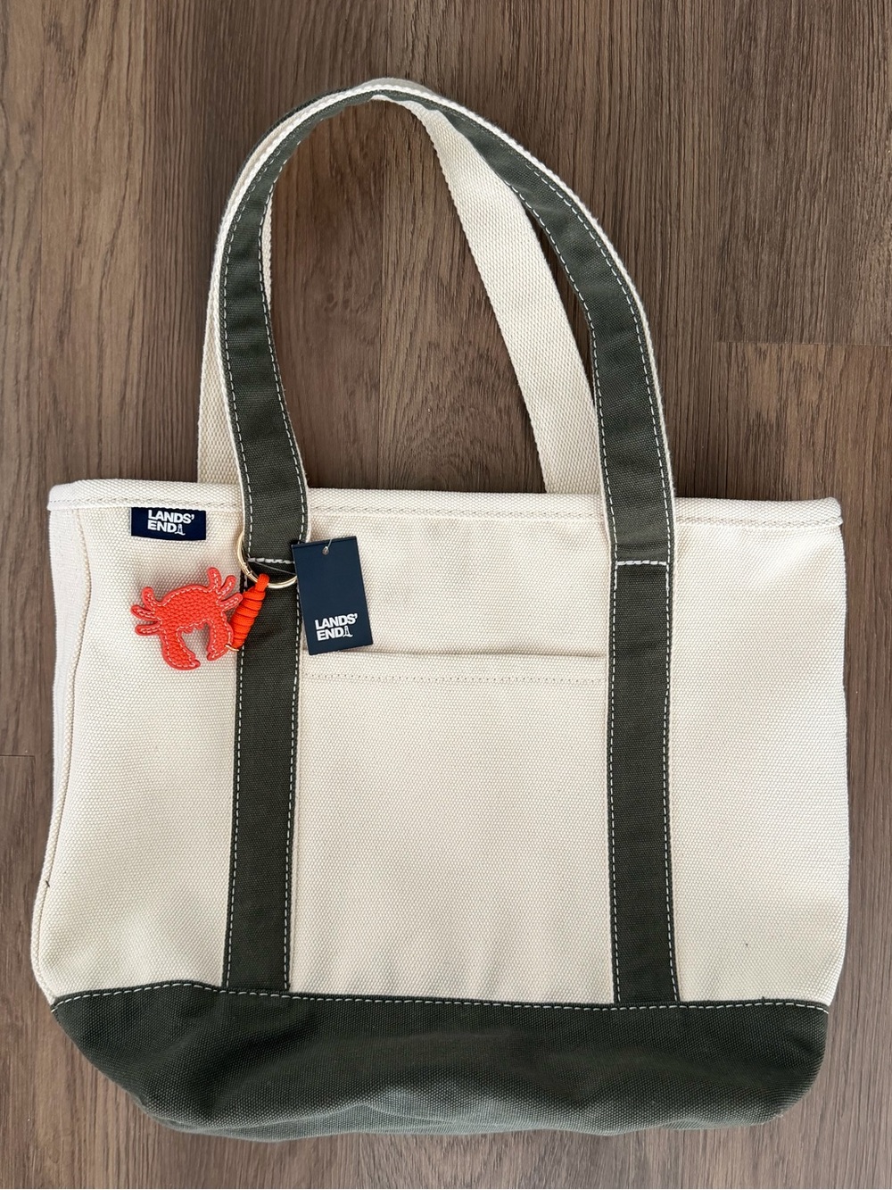 Lands' End Cream Canvas Tote with Olive Trim and Orange Charm